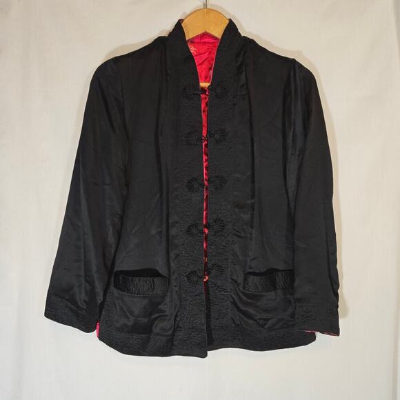 Peony Brand Asian Shanhai China Silk Reversible Black Floral Jacket Small - Picture 4 of 7
